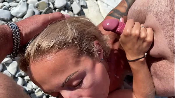 Slender tanned blonde gets fucked on the beach by the sound of waves during a photo shoot