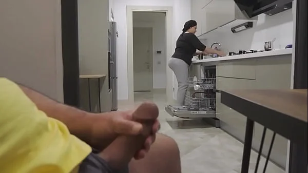 Stepmom caught me jerking off while watching her big ass in the Kitchen.
