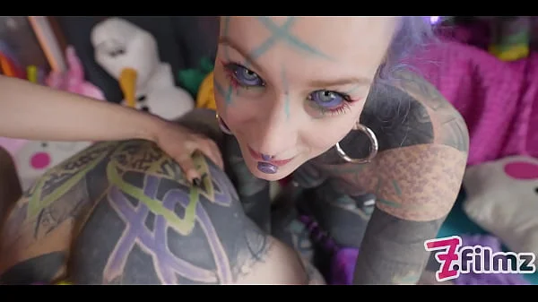 Tattoo SUB dominated by 2 girls - Dominatrix pegging - ANAL, femdom, facesitting (goth, punk, alt porn) ZF160
