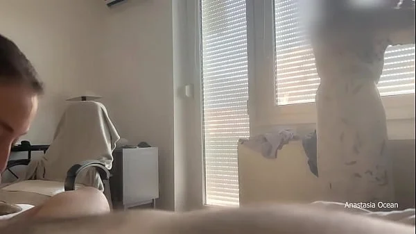 My stepmom caught me giving a morning blowjob to my boyfriend. She stayed to talk and to watch how I suck and he cum. Full version.