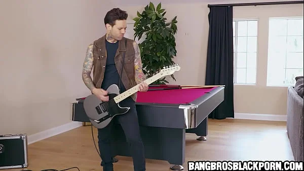 Ebony stepsister asks her stepbrother to stop playing guitar because she's masturbating - interracial porn