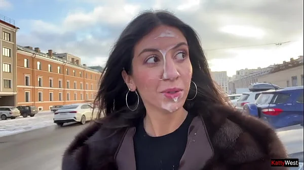 Girl agreed to walk with a stranger's Cum on her face in a public place - Cumwalk
