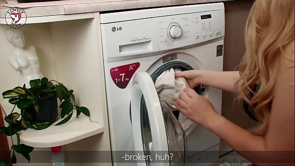 Blonde teen got her tight asshole fucked after stuck in washing machine