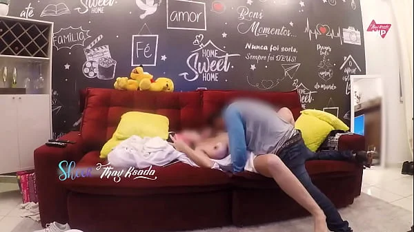 Hot wife Thay Ksada receiving the delivery man letting him fuck her on the sofa in her house