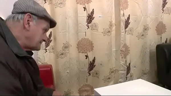 Horny brunette fucks old man in waiting room