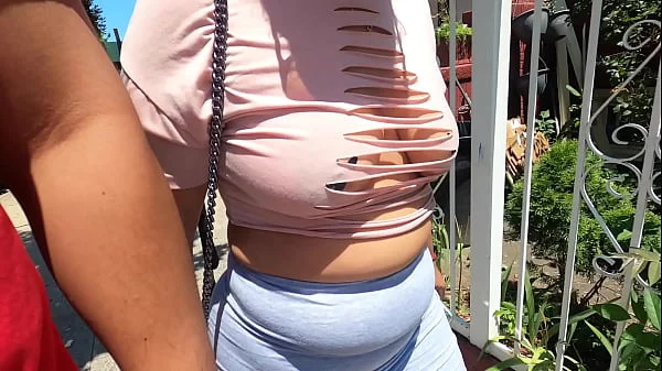 Wife with pasties cut up shirt and no bra in public