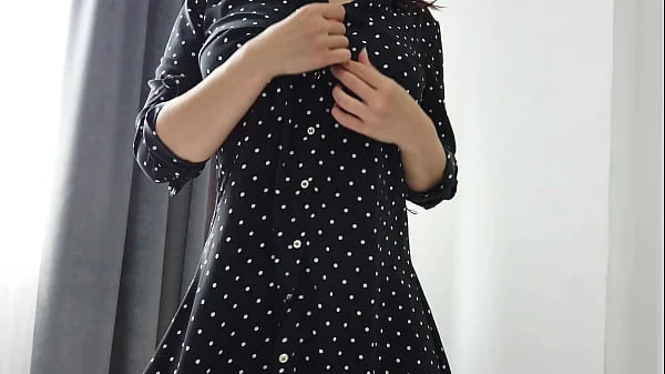 Sexy girl in a dress showed perfect natural tits and masturbates wet pussy