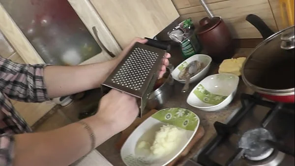 In stockings in high heels no panties and bra sexy MILF Frina continues her nude cooking. Hot and cold minced meat roll on the menu today