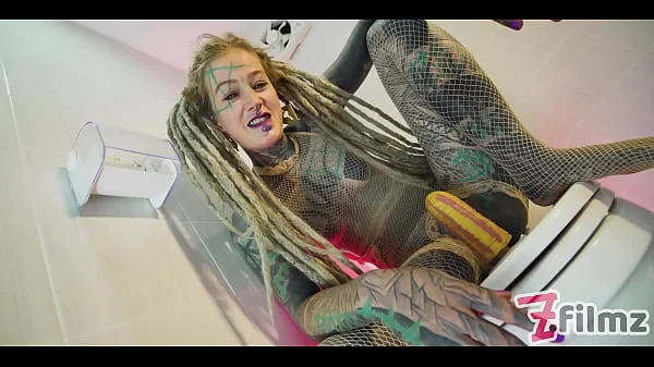 alternative TATTOO model solo PISS action - ANAL toy masturbation, pee fetish, dreads