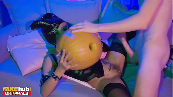 Fakehub Originals - Teen at Halloween College house party sneaky pumps a pumpkin before hot sexy Thai girl in cosplay leaves the party to offer up her tight wet pierced pussy